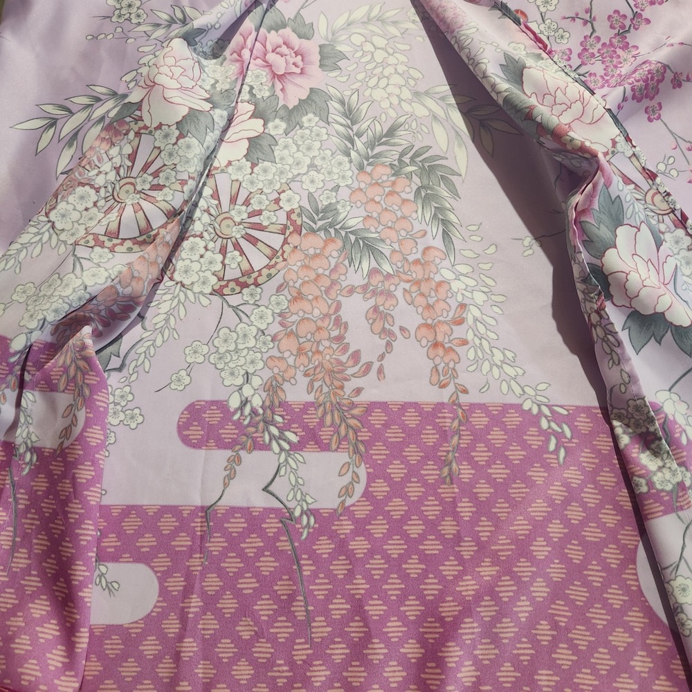 Vtg Maruky Kyoto Tokyo Kimono Wrap Robe Lavender Satin Cherry Blossoms Maxi - Picture 6 of 11